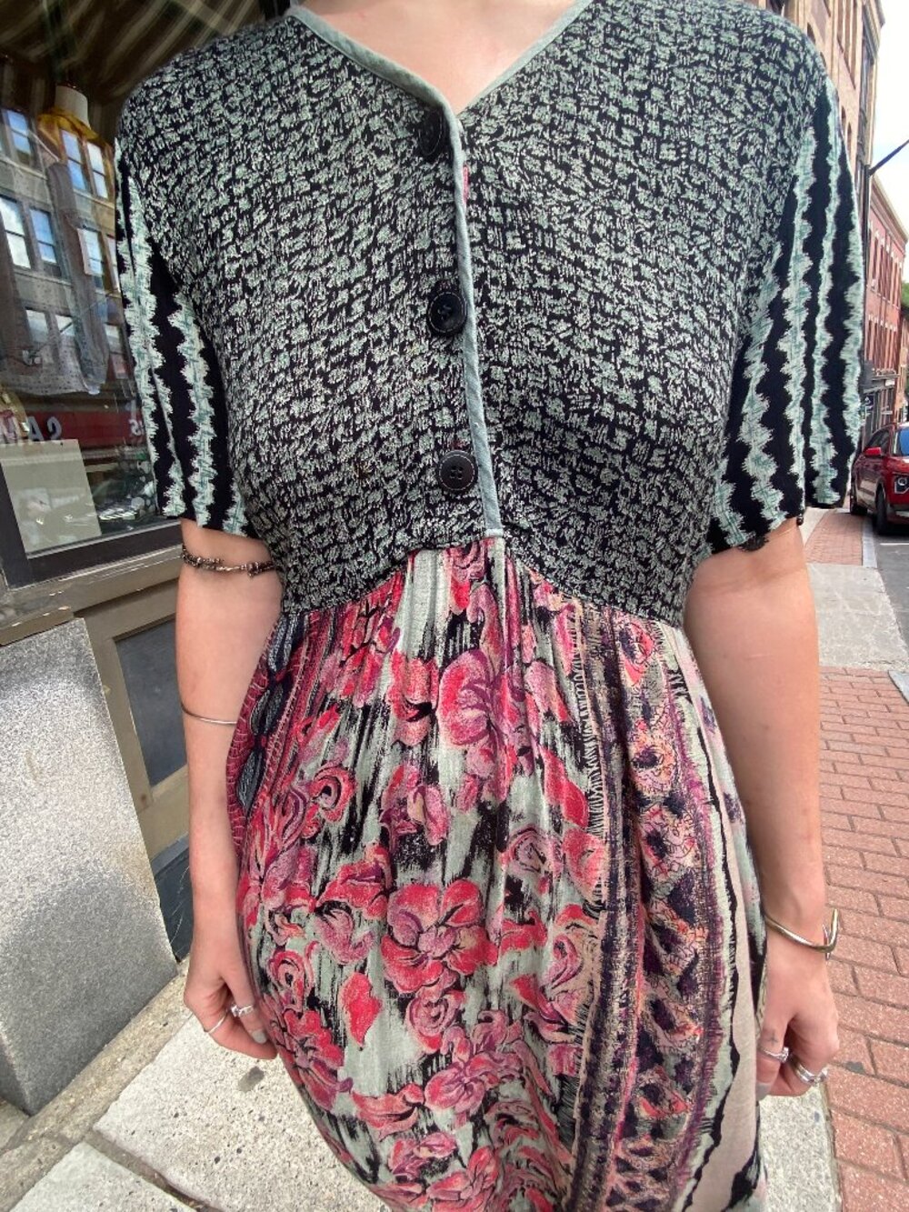 Vintage 1990s Empire Waist Babydoll Rayon Patterned Carole Little Dress - Size M - Picture 3 of 6